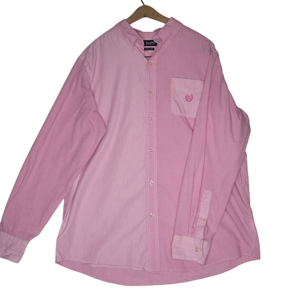 Chaps Mens Large Pink Gingham Striped Button Oxford Shirt Easy Care Long Sleeve